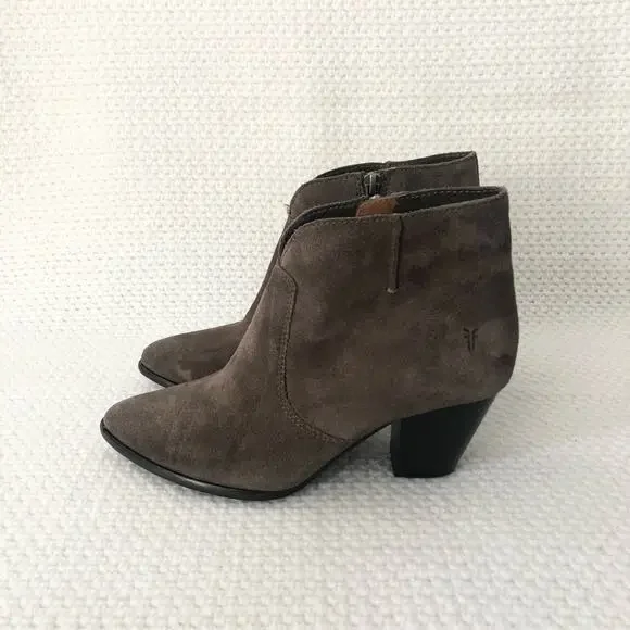 Frye JENNIFER Brown Grey Suede Pointed Stacked Heel Dress Ankle Boots 6 - Picture 4 of 12